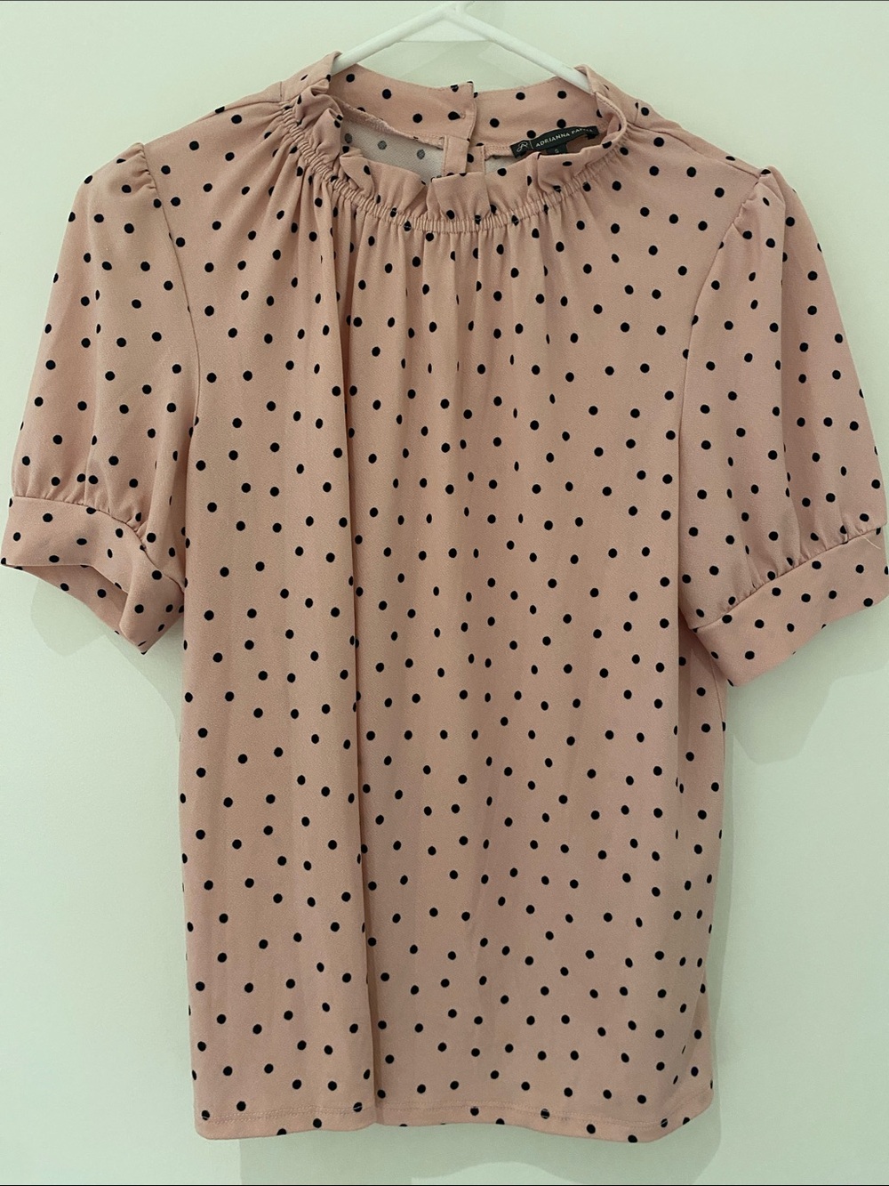 Adrianna Papell Pink With Black Polka Dots Short Sleeve Crew Neck Blouse Top S